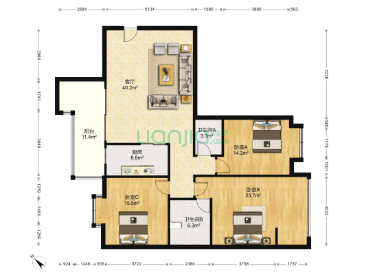 国栋南园五星城 3室1厅2卫 142平方