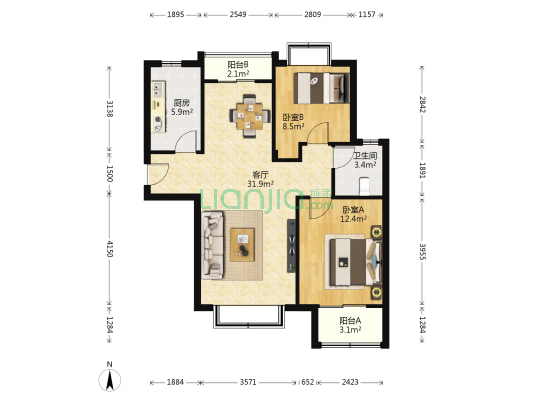 港基滨河华庭 2室1厅1卫 90平方