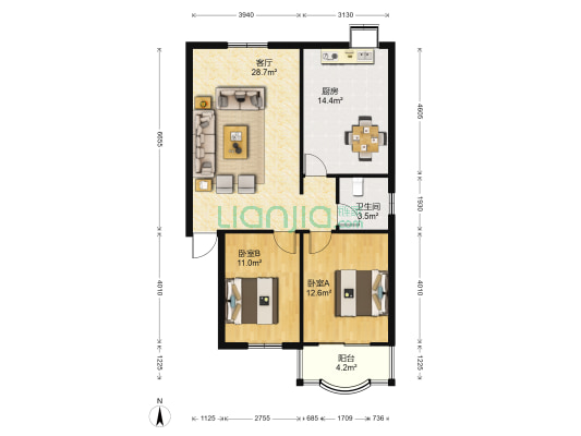 园艺小区 2室1厅1卫 90平方