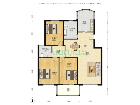 奉苑新村 3室1厅2卫 139平方