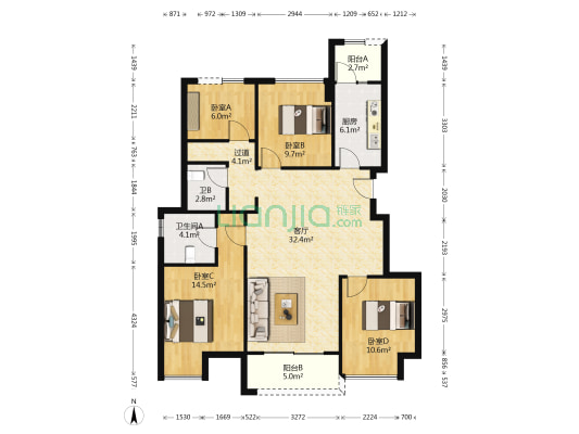 美的荣安公园天下 4室1厅2卫 114平方