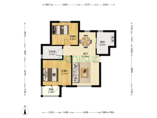 军秀园 2室1厅1卫 90平方