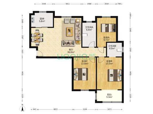 毛岸新苑 3室1厅2卫 127平方