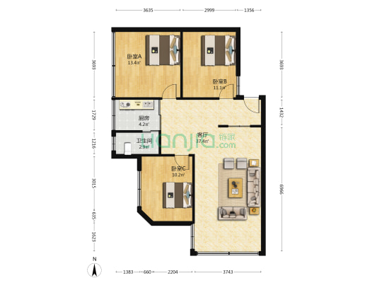 二桥路282号 3室1厅1卫 96平方