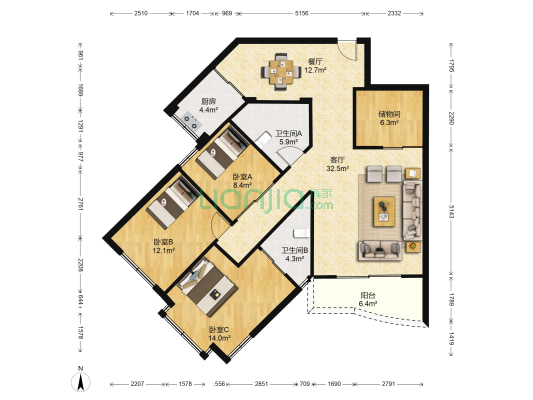 凯润花园二区 3室2厅2卫 139平方