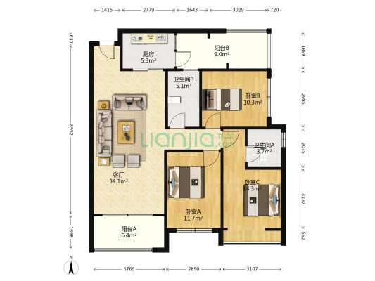 山水润城雅园 3室1厅2卫 107平方