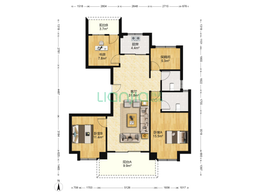 中梁壹号院雅滨园 3室1厅2卫 129平方