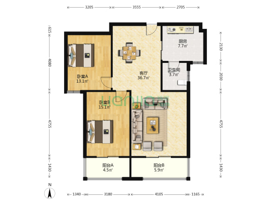 三清城 2室1厅1卫 109平方