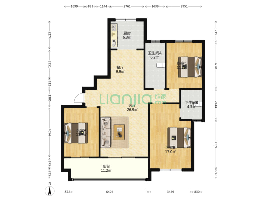 梦灏御府北院 3室2厅2卫 137平方