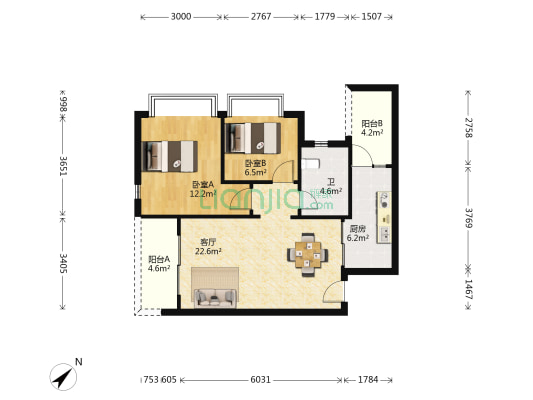 恒大滨河左岸 2室1厅1卫 80平方