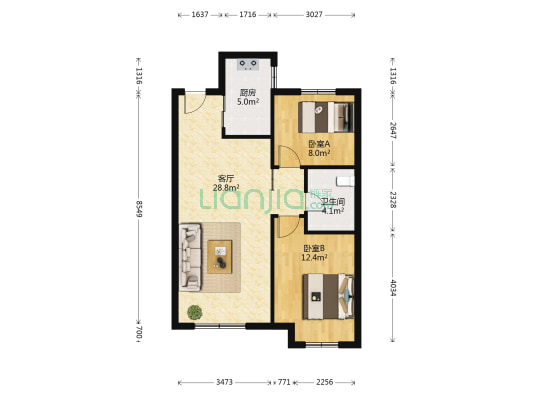鑫江水青花都二期 2室1厅1卫 85平方