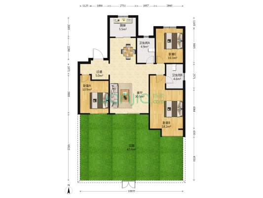 鸿园玫瑰园 3室1厅2卫 129平方