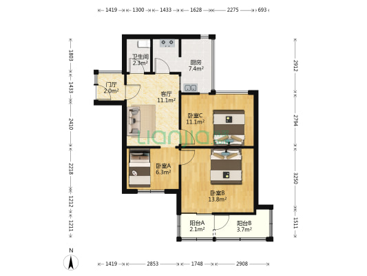 西安电力设计院第二生活区 3室1厅1卫 67平方