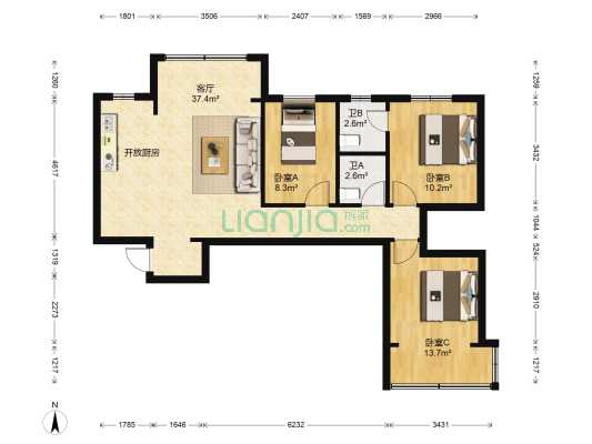 临江新天地福江苑1期 3室1厅2卫 95平方