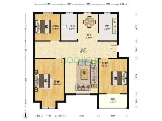 孙吴小区 3室2厅1卫 132平方