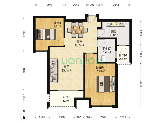 龙湖郦城 2室2厅1卫 88平方