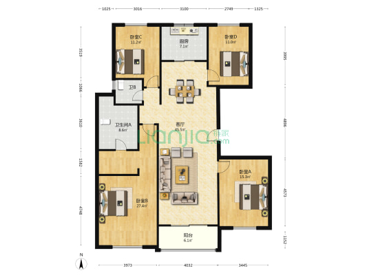 仁恒江湾世纪溪园 4室1厅2卫 169平方