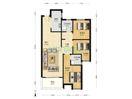 纽宾凯汉city云座 3室1厅2卫 114平方