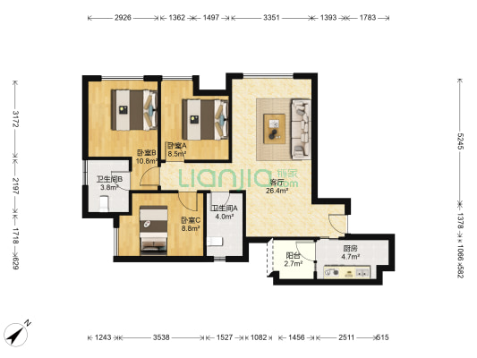 泰博理想城二期 3室1厅2卫 78平方