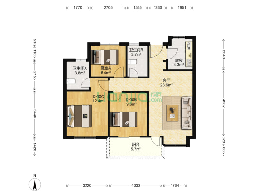 越秀星汇园 3室1厅2卫 86平方