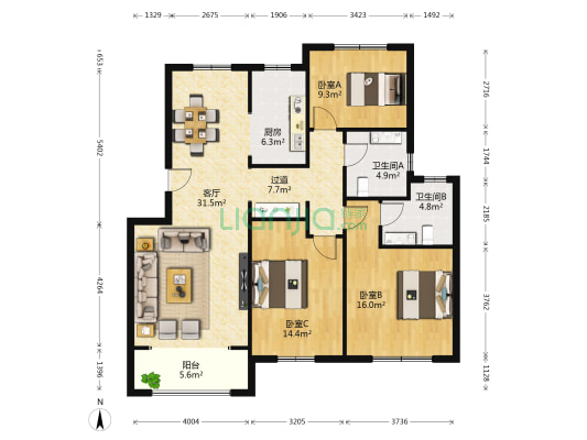 八里庄社区 3室1厅2卫 125平方