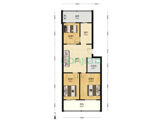 体工队宿舍 3室2厅1卫 85平方
