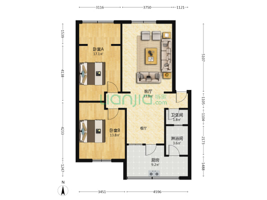 彭水苑 2室1厅2卫 92平方