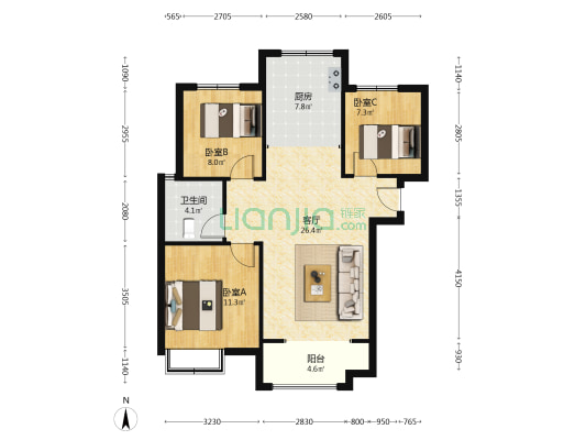 天伦湾三期南北通透三居室，一个单元，居住人数少-户型图