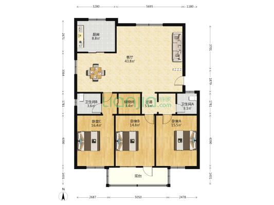 中山北路375号 3室1厅2卫 137平方