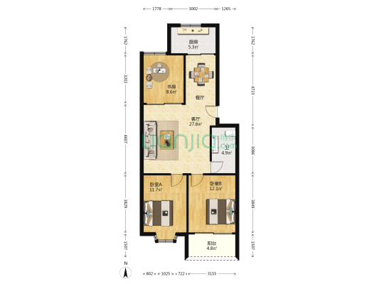 融山花园 3室1厅1卫 96平方