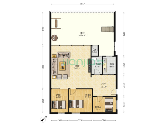 汉宝大厦 3室1厅2卫 94平方