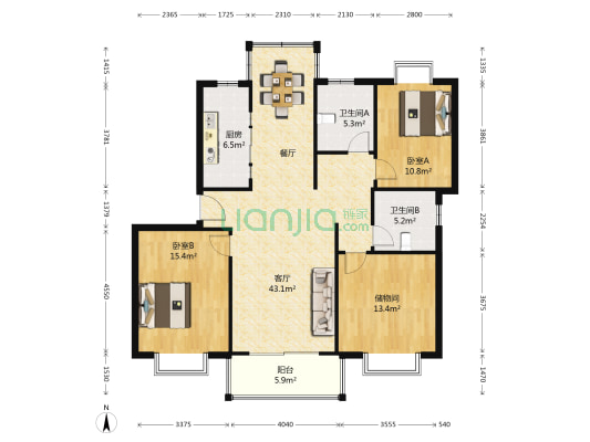 神州豪苑 2室1厅2卫 128平方