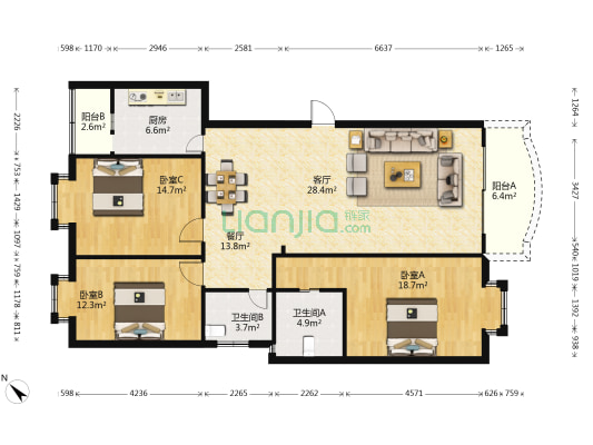 福美公寓 3室2厅2卫 132平方