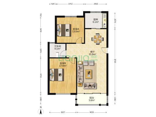 金日家园 2室1厅1卫 95平方