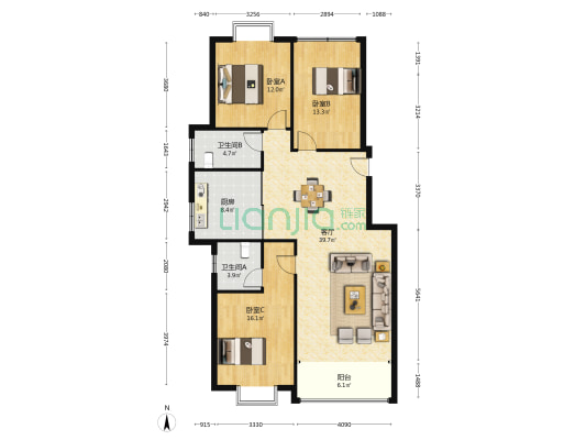 世纪花园 3室1厅2卫 131平方