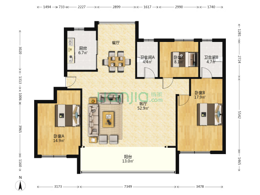 中海·玖嶺南山 3室1厅2卫 137平方