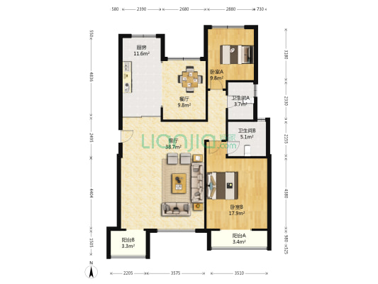 梧桐公馆 2室2厅2卫 143平方