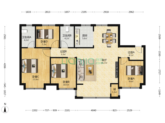 万达天御 4室1厅2卫 147平方
