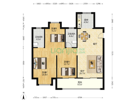 金地·云栖天悦 3室1厅2卫 117平方