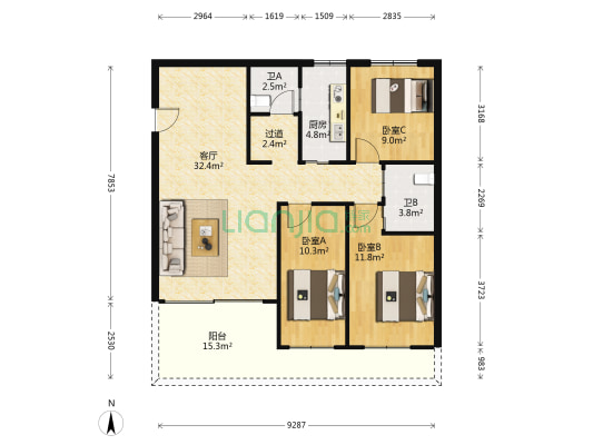 江南小区 3室1厅2卫 104平方