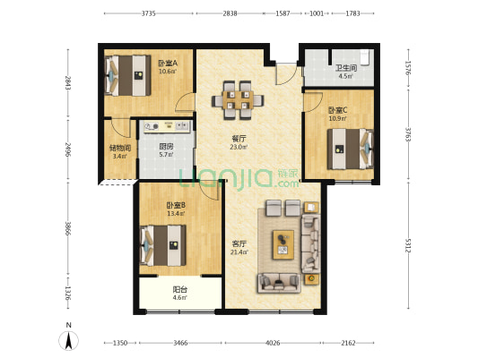 天悦府东郡 3室2厅1卫 119平方