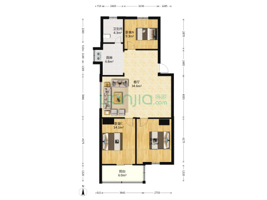 幸福庭院（上沙窝路97号） 3室1厅1卫 102平方