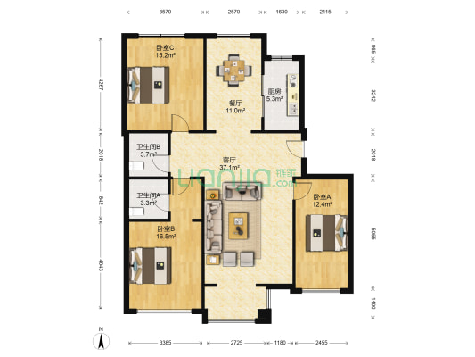 黄海城市花园 3室2厅2卫 131平方