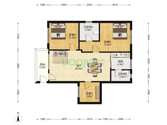 恒盛苑 3室1厅2卫 90平方