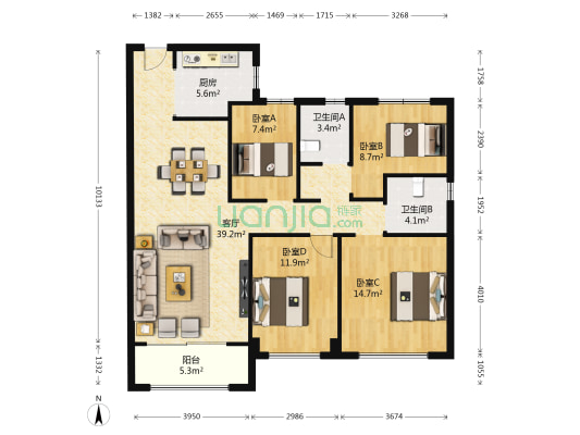 海德郡四号院 4室1厅2卫 126平方