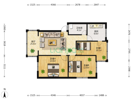 棕树营小区中心组团 3室1厅1卫 88平方