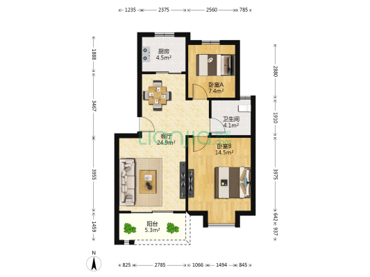 阳光家园C区 2室1厅1卫 74平方
