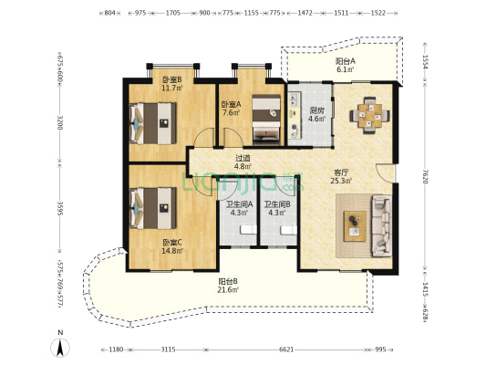 银畔丽苑 3室1厅2卫 115平方