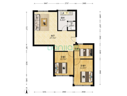 武警支队宿舍 3室1厅1卫 83平方