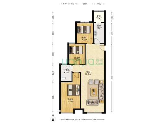 恒大名都三期 3室1厅1卫 110平方